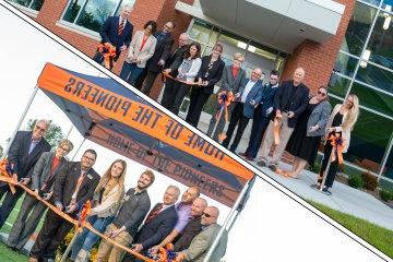 Montage photo of dual ribbon cuttings of Science Center and Athletic Field on 10月21日, 2021.